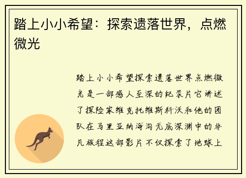 踏上小小希望：探索遗落世界，点燃微光